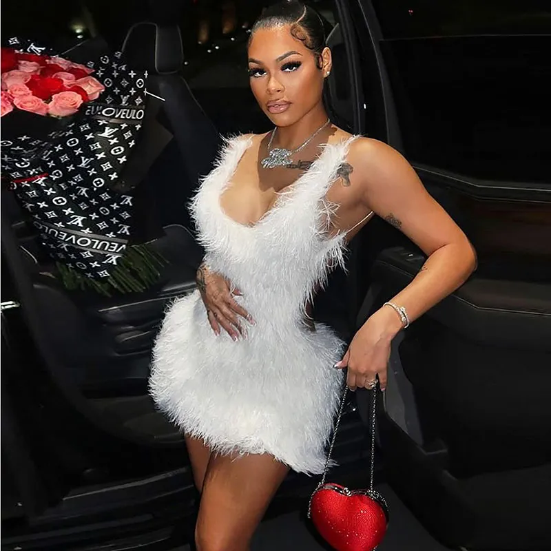 Women Nightclub Fashion Sexy Backless Zipper Solid Color Plush Mini Party Dress