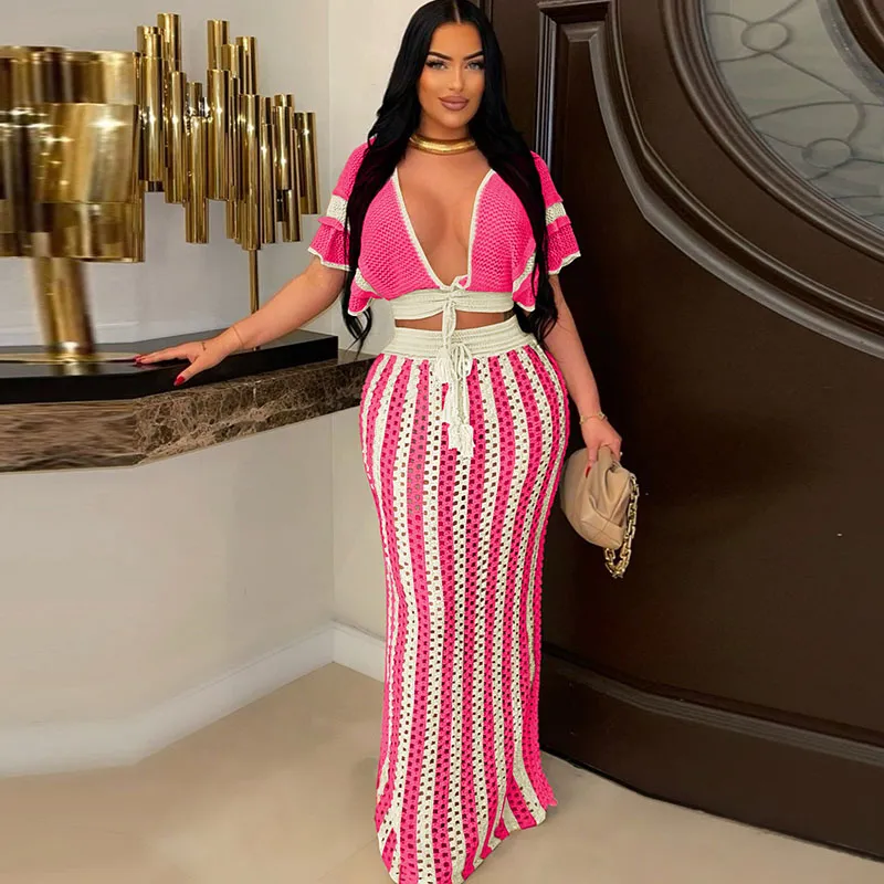 Women Fashion Sexy V-Neck Hollow-Out Stripe Knitted Sweater Long Skirt Set
