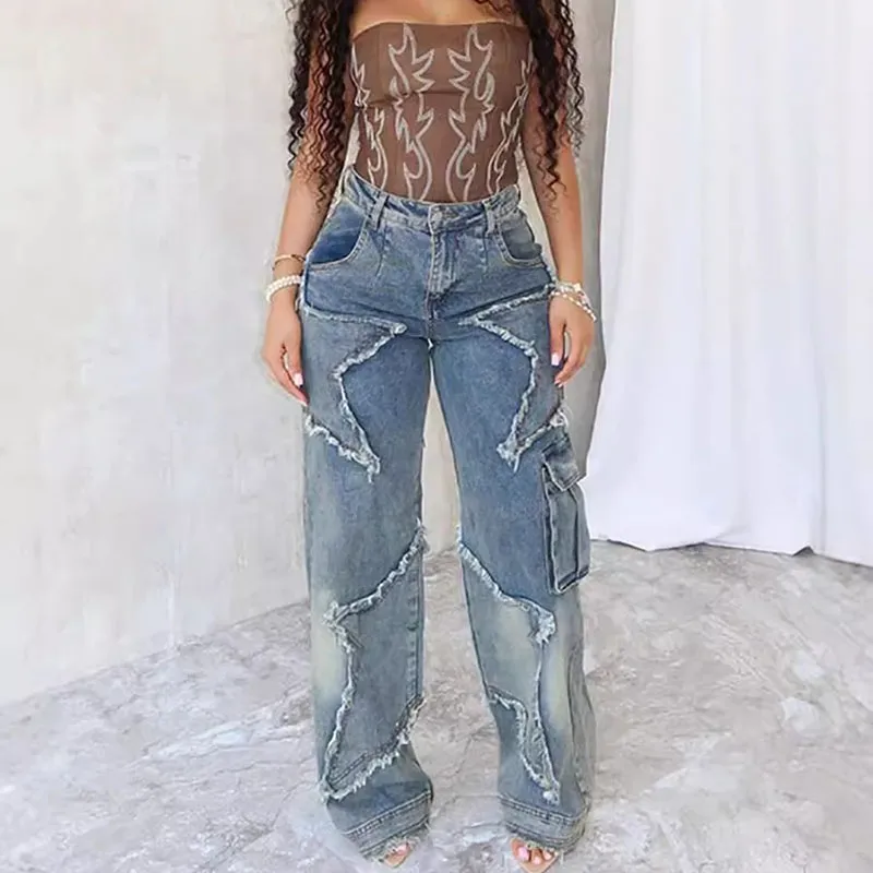 Women Vintage Star Tassel Fringe Loose Straight Casual Jeans
