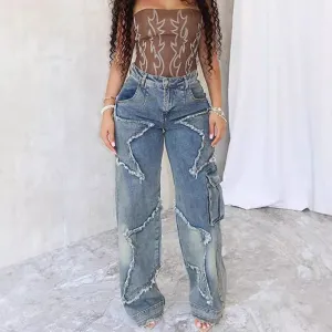 Women Vintage Star Tassel Fringe Loose Straight Casual Jeans