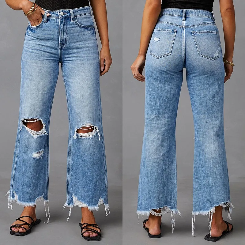 Women Casual Ripped High-Waist Straight Raw Hem Denim Jeans