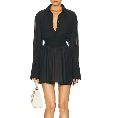Women Sexy Solid Color V-Neck Adjustable Waist Long Sleeve Mini Dress