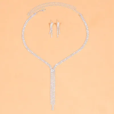 Full Rhinestone Women Party Exquisite Wedding Long Tassel Necklace Earrings Set