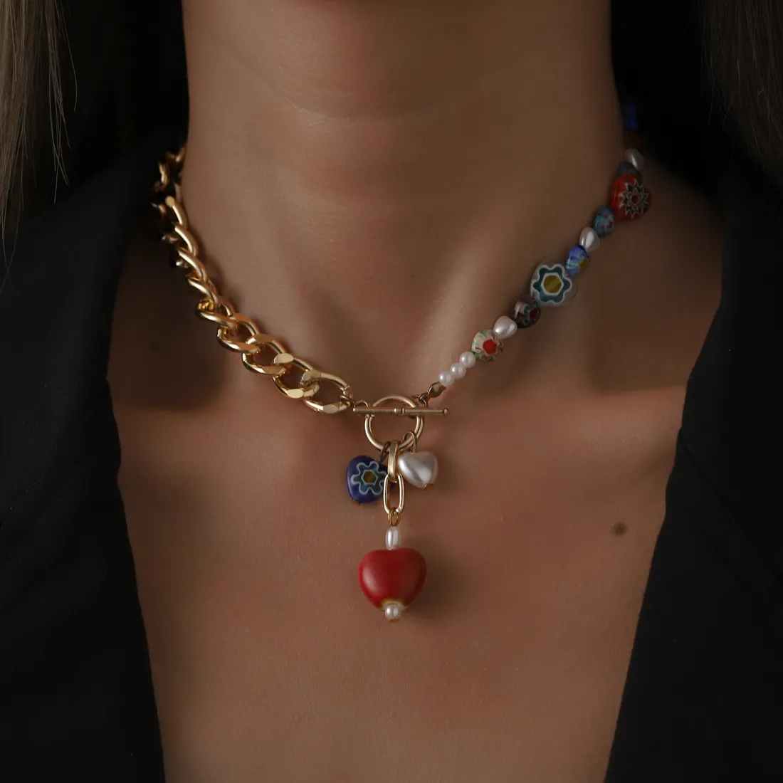 Bohemian Glaze Love Heart Ethnic Style Elegant Pearl Vintage Necklace