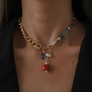 Bohemian Glaze Love Heart Ethnic Style Elegant Pearl Vintage Necklace