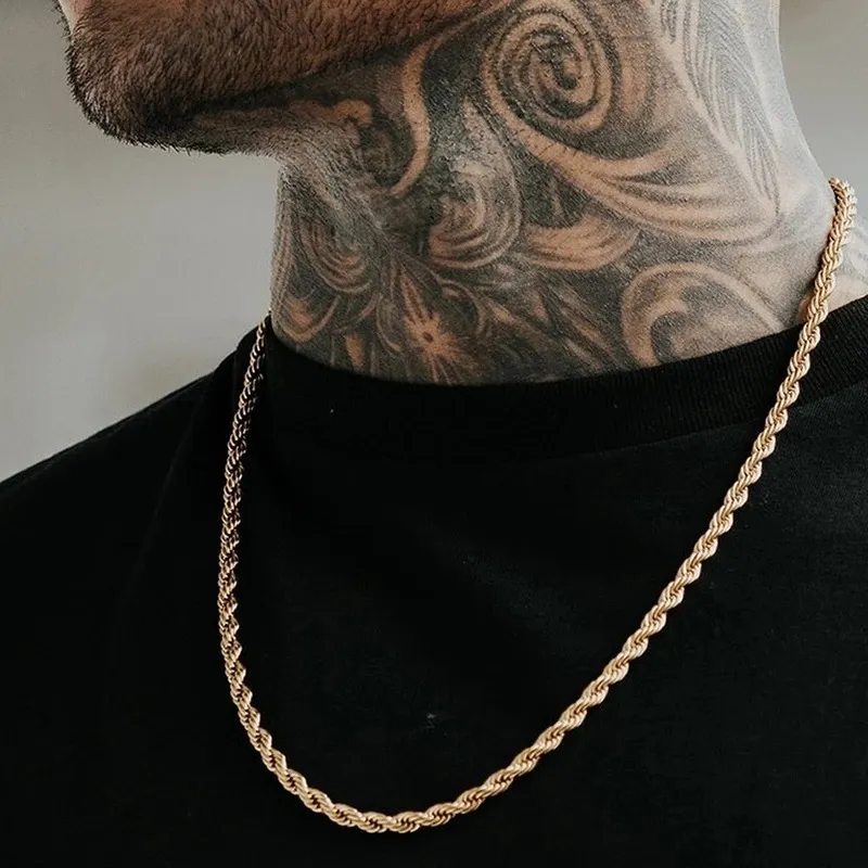 Men 3mm Twist Chain Hip Hop Streaming Necklace with Rhinestone Pendant
