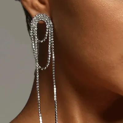 Women Party Fashion Long Tassel Multi-Layer Geometric Rhinestone Earrings