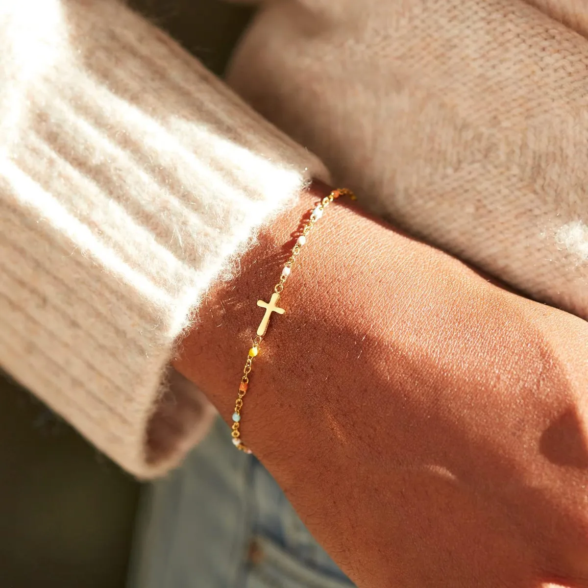 Multicolor Enamel Round Bead Cross Bracelet for Women Stainless Steel Ethnic Retro