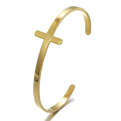 Hip-Hop Stainless Steel Cross Open Bangle Bracelet