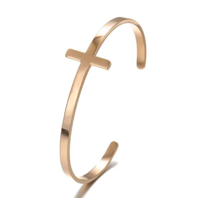Hip-Hop Stainless Steel Cross Open Bangle Bracelet