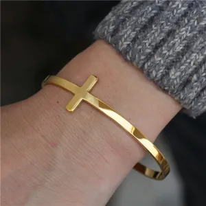Hip-Hop Stainless Steel Cross Open Bangle Bracelet