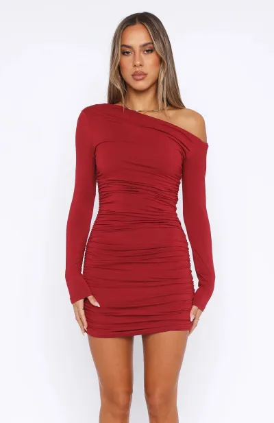 Women Fashion Sexy Solid Color Oblique Shoulder Long Sleeve Tight Dress