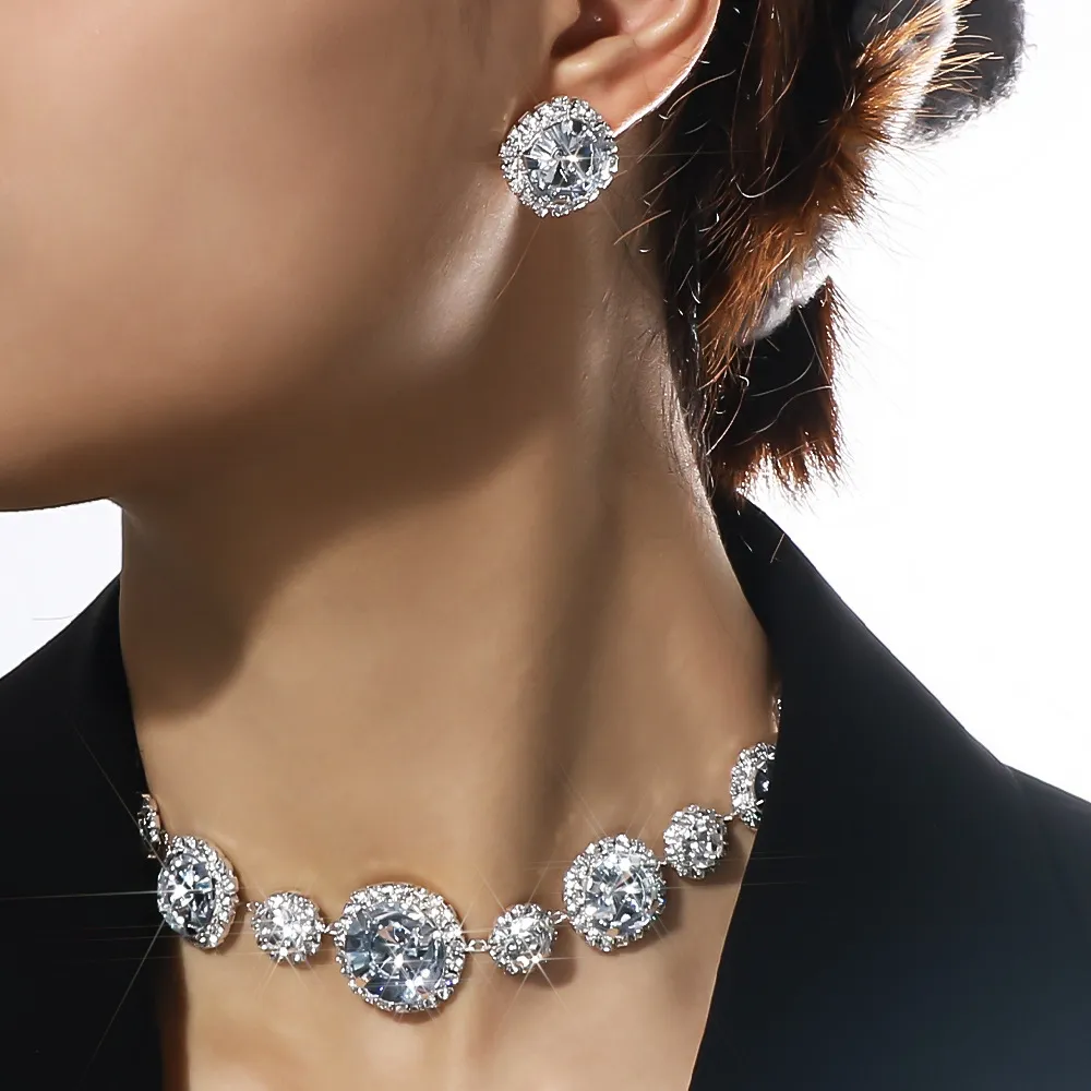 Women Exaggerated Party Geometric Rhinestone Round Necklace Stud Earrings Set