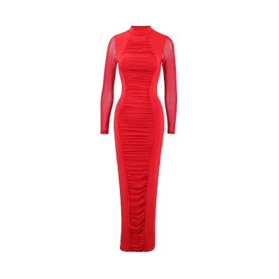 Women Fashion Sexy High Neck Long Sleeve Creased Slim Maxi Dress