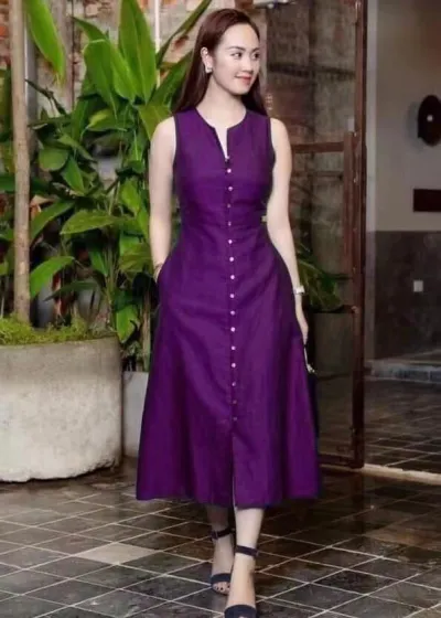 Summer Women Casual Solid Color V-Neck Sleeveless Midi Dress