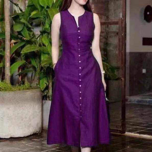 Summer Women Casual Solid Color V-Neck Sleeveless Midi Dress