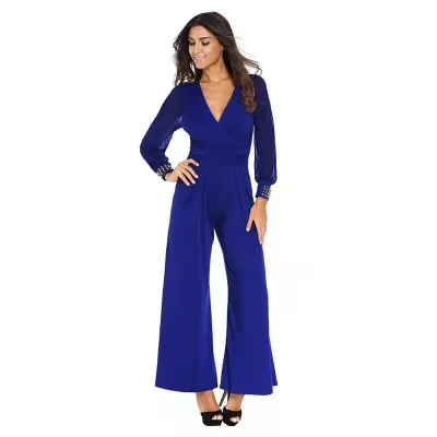 Women Fashion V-Neck Mesh Stitching Rivet Wide Leg Jumpsuits