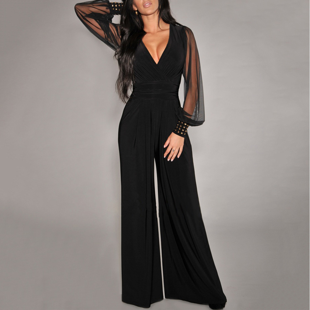 Wholesale Women Fashion V-Neck Mesh Stitching Rivet Wide Leg