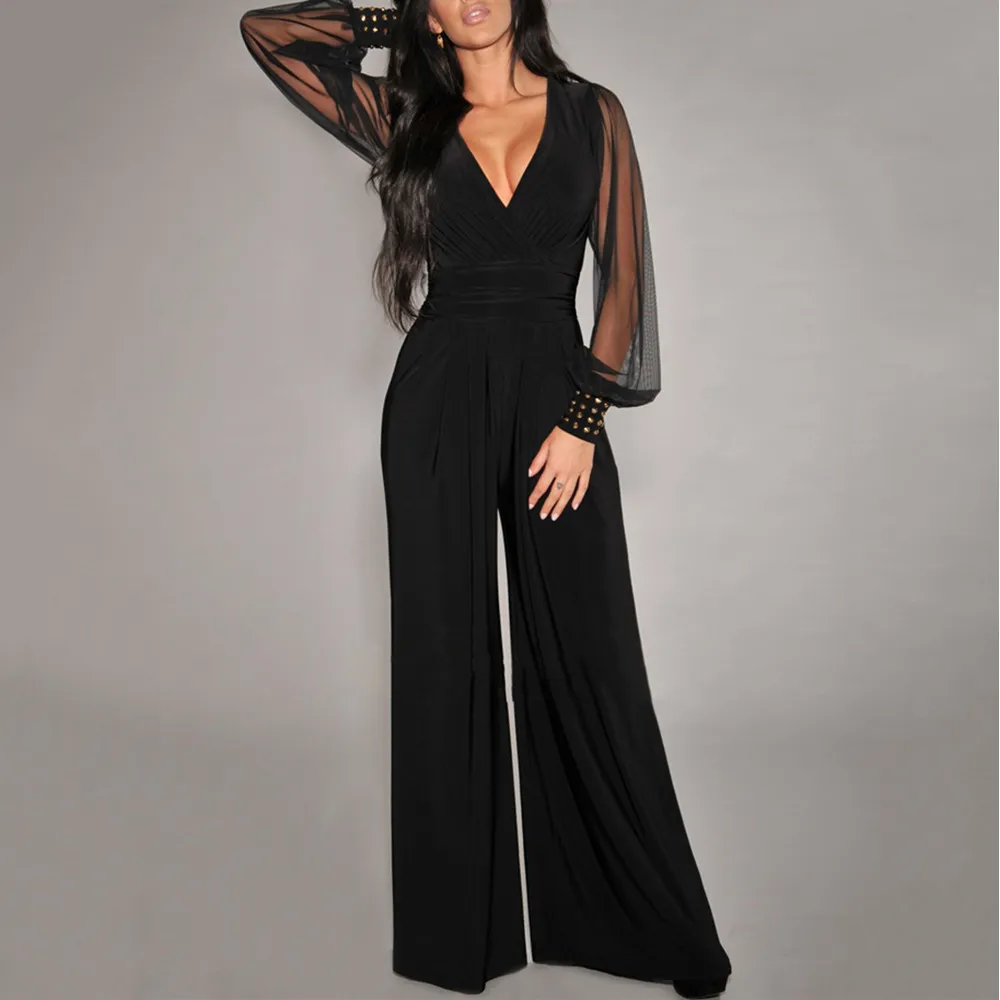 Women Fashion V-Neck Mesh Stitching Rivet Wide Leg Jumpsuits