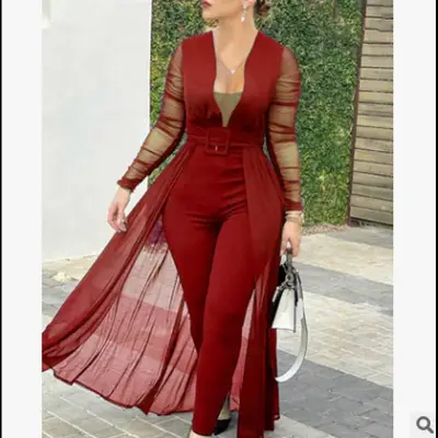 Women Casual Solid Color Deep V Neck Long Sleeve Lace Stitching Jumpsuits