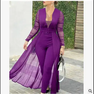 Women Casual Solid Color Deep V Neck Long Sleeve Lace Stitching Jumpsuits