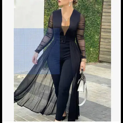 Women Casual Solid Color Deep V Neck Long Sleeve Lace Stitching Jumpsuits