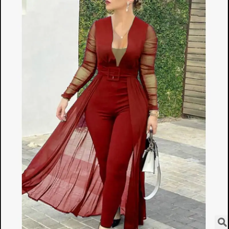 Women Casual Solid Color Deep V Neck Long Sleeve Lace Stitching Jumpsuits