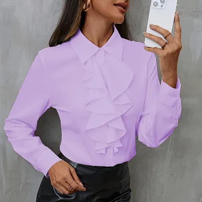 Women Fashion Loose Ruffle Long Sleeve Chiffon Blouse