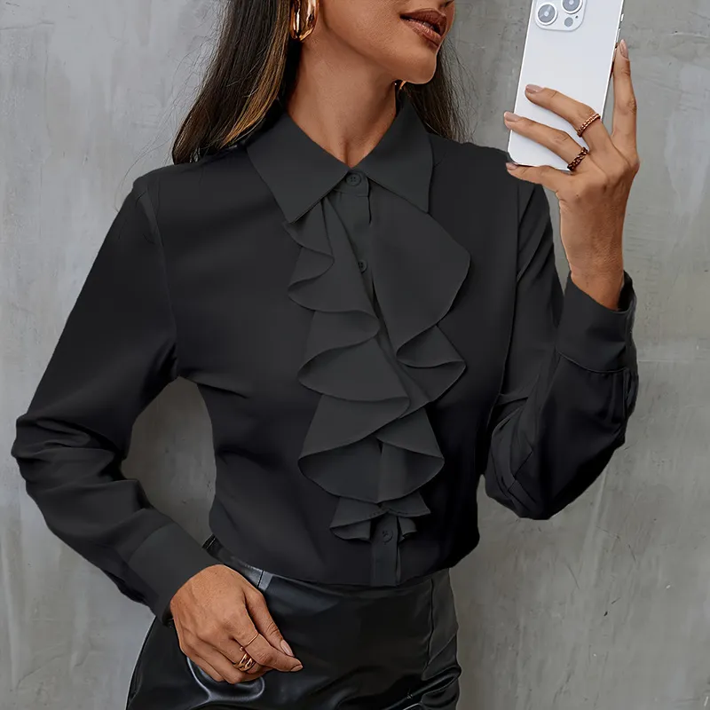 Women Fashion Loose Ruffle Long Sleeve Chiffon Blouse