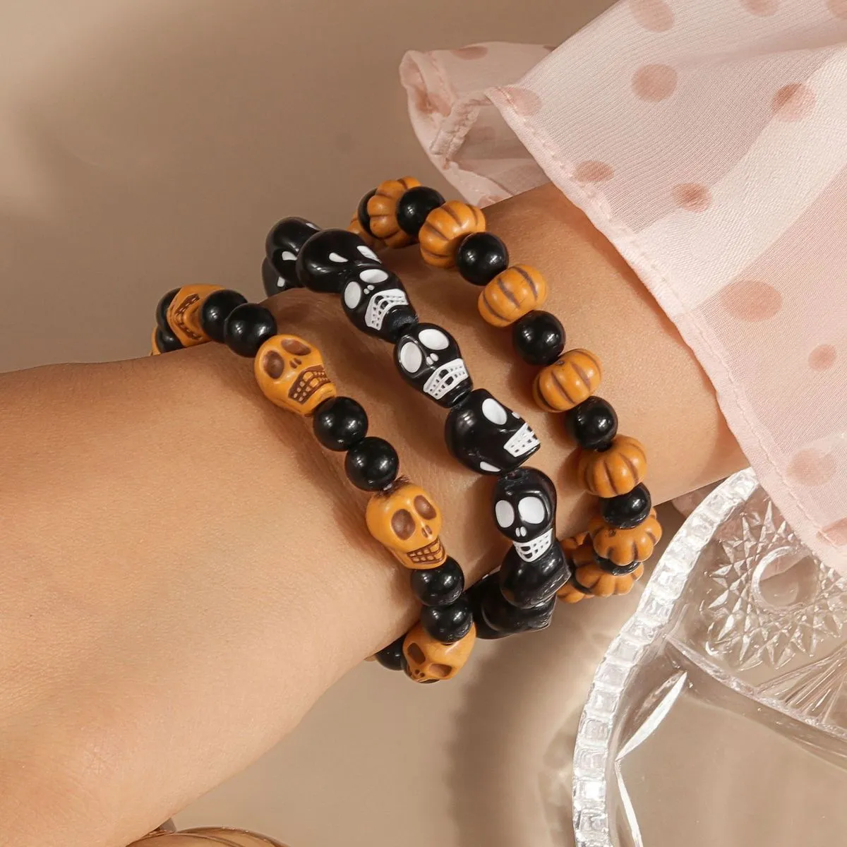 Halloween Women Fun Skull Pumpkin Beaded Bracelet 3Pcs-Set