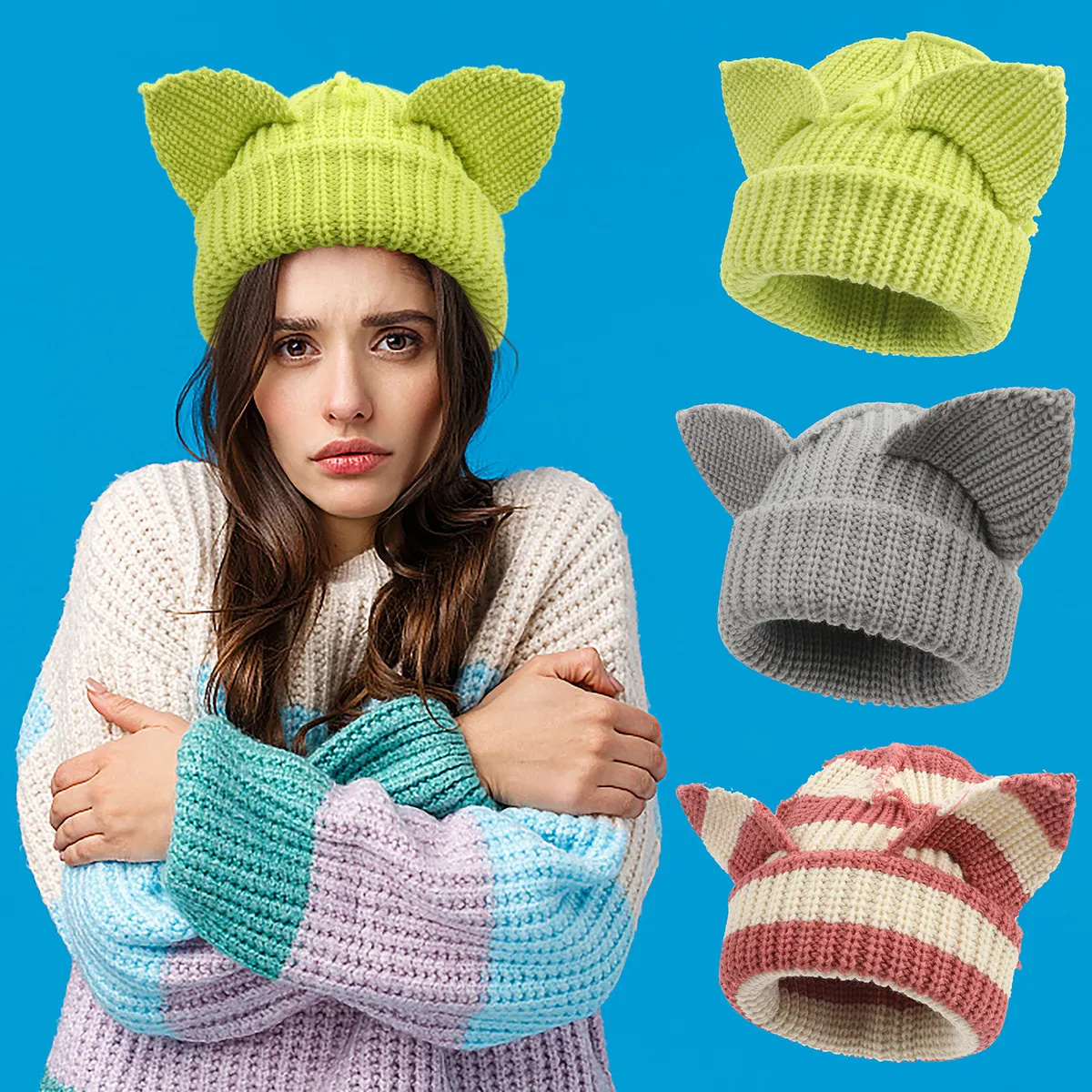 Autumn Winter Women Fashion Creative Devil Ear Thickened Knitted Hat