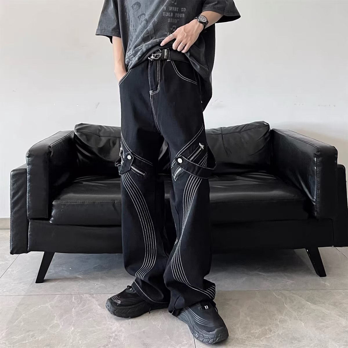 【SATIIIZ】Topez Vintage Cargo Denim Pants Hot Topic Baggy Multi-Cargo Denim Wide Leg Rave JNCO Kikwear