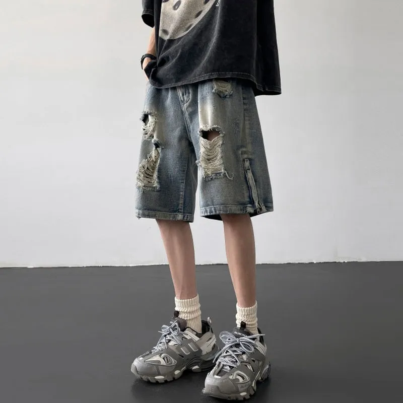 Men Fashion Casual Street Tide Loose Denim Ripped Bermuda Shorts