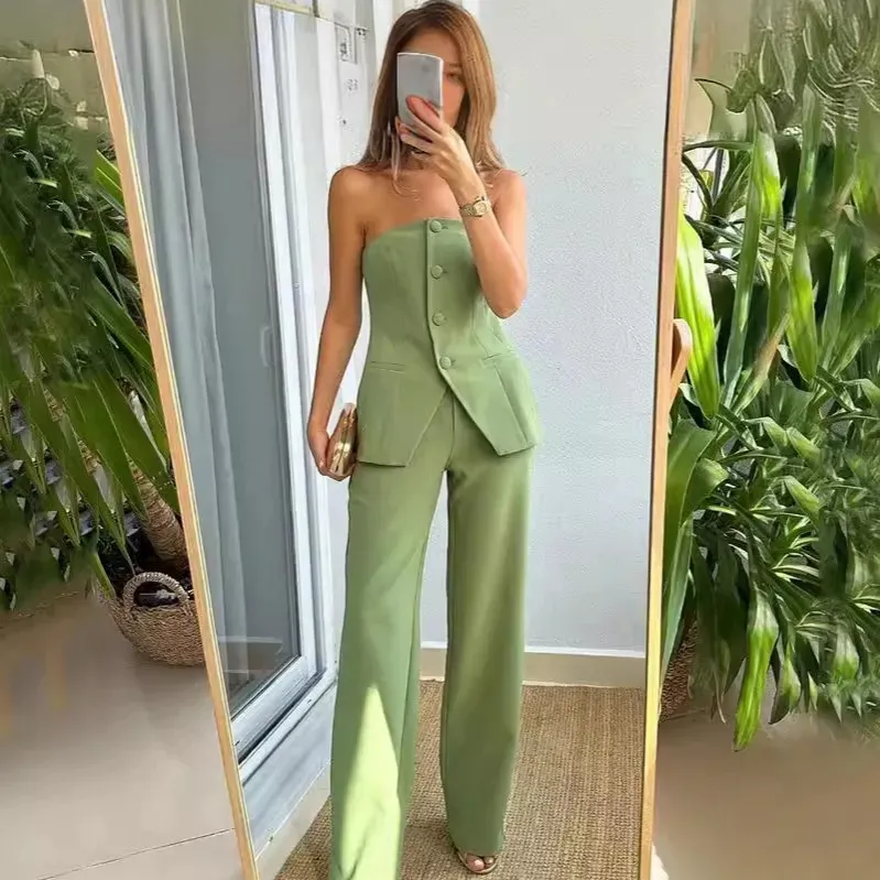 Women Fashion Strapless Top And High Waist Pants 2PCS Suit