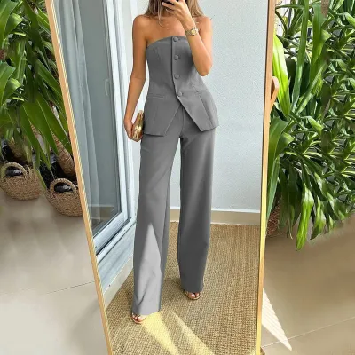 Women Fashion Strapless Top And High Waist Pants 2PCS Suit
