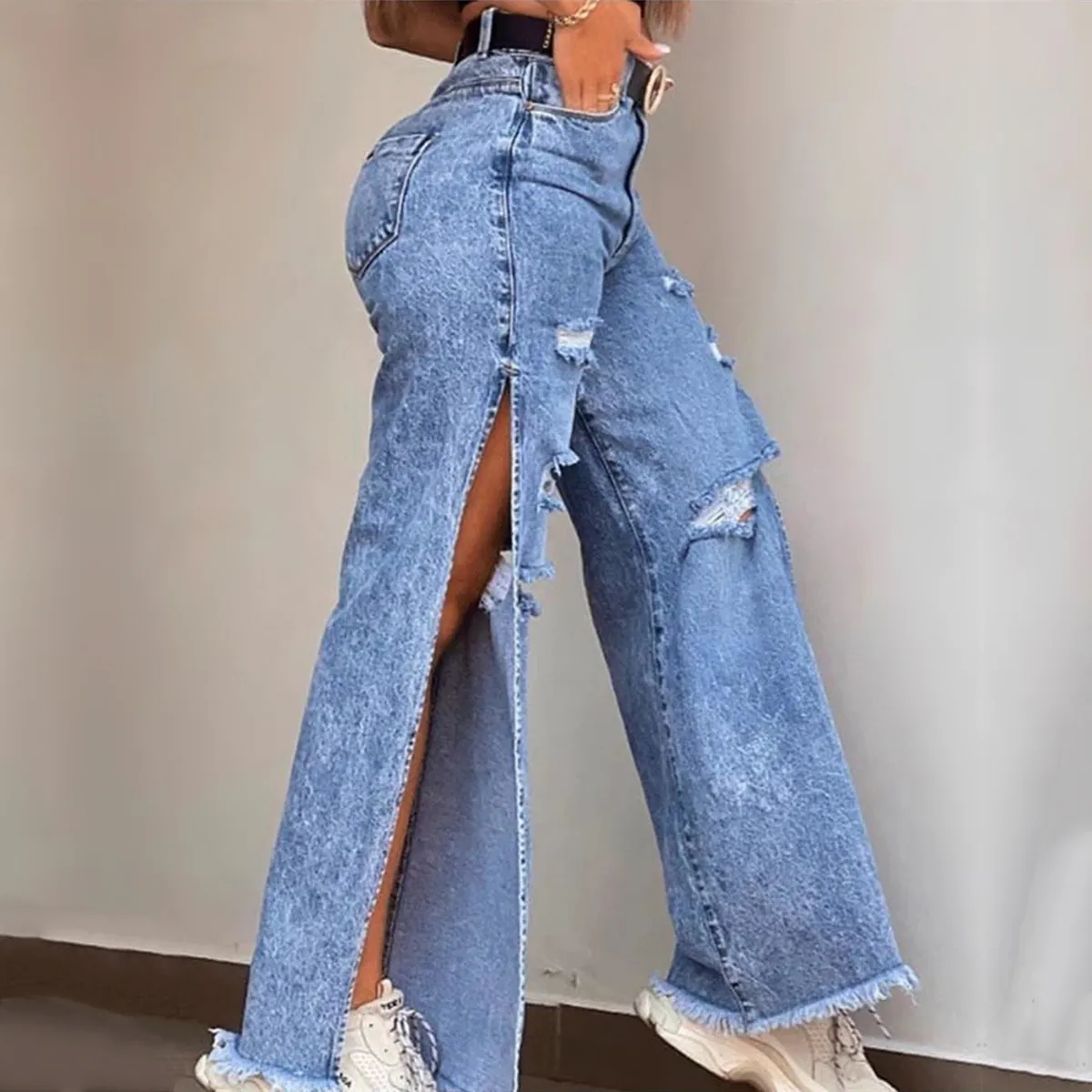 Women Fashion Loose Ripped Split Wide Leg Jeans
