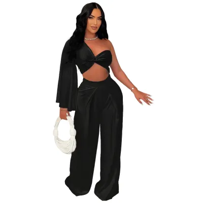 Women Fashion Sexy Solid Color Oblique Shoulder Top Wide Leg Pants Two-Piece Set