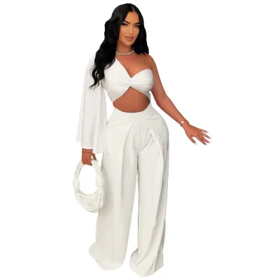 Women Fashion Sexy Solid Color Oblique Shoulder Top Wide Leg Pants Two-Piece Set