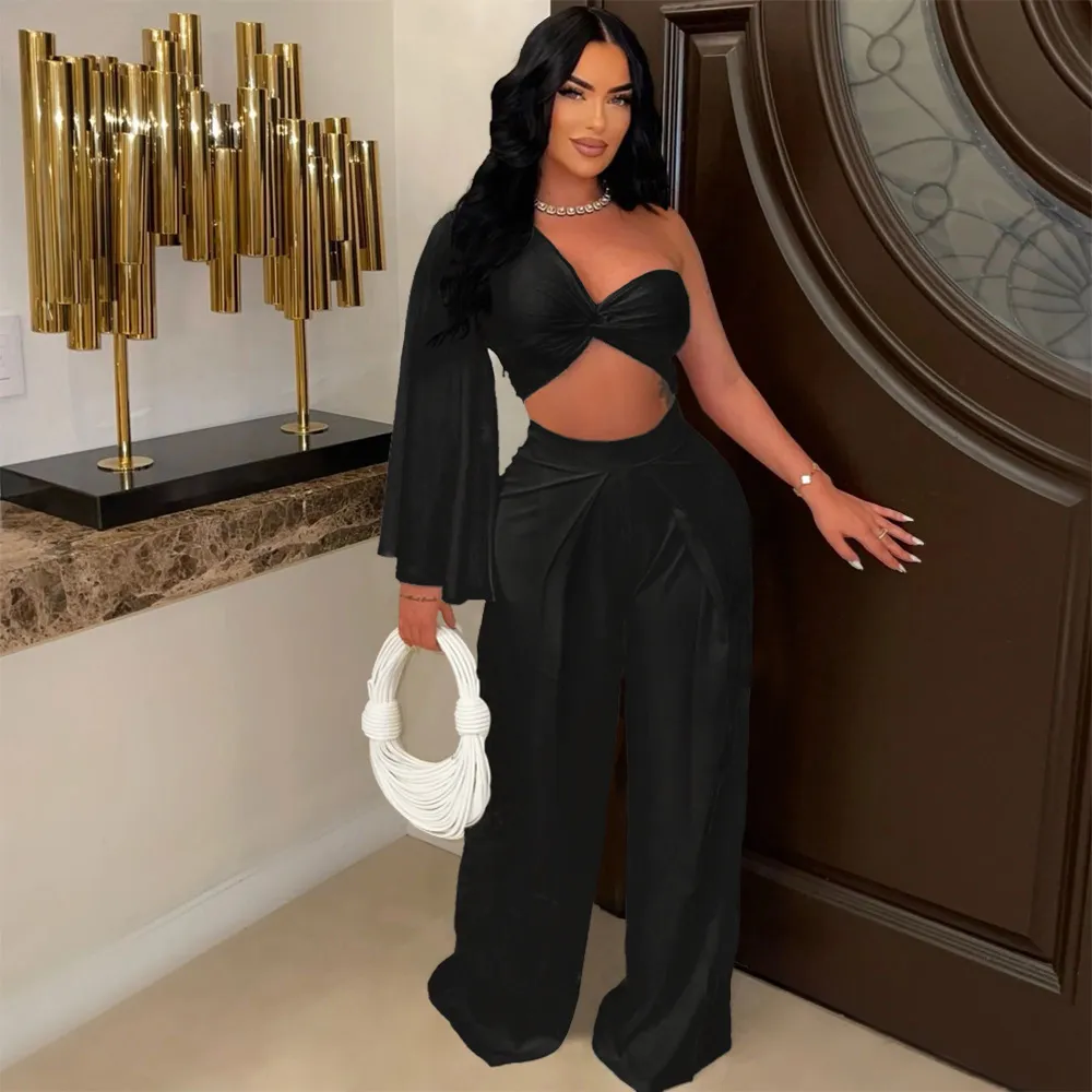 Women Fashion Sexy Solid Color Oblique Shoulder Top Wide Leg Pants Two-Piece Set