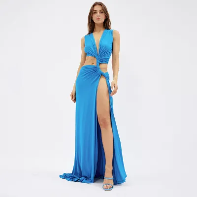 Summer Women Sexy Solid Color Deep V Hollow-Out Split Slim-Fit Maxi Dress