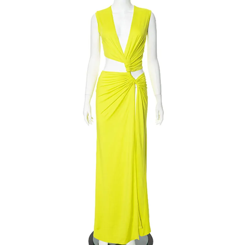 Tube Top Sexy Hollow Out Cutout Split Yellow Dress Women Vacation Sexy Slim Fit Maxi Dress