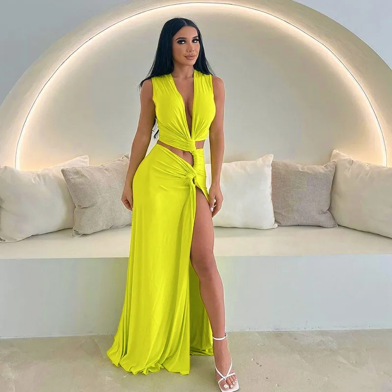 Summer Women Sexy Solid Color Deep V Hollow-Out Split Slim-Fit Maxi Dress