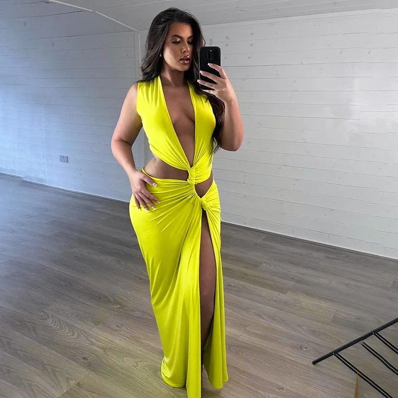 Women's clothing sexy stripes hollow out split long dress main image 0
