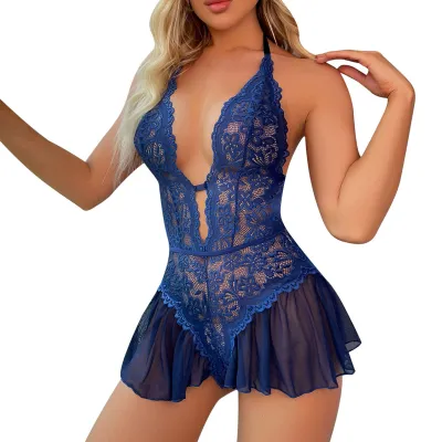 Women Sexy Deep V Lace Gauze Perspective Bra Set