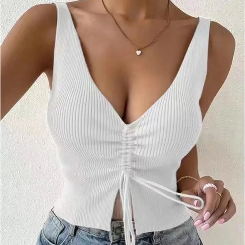 Summer Women Fashion Sexy Solid Color Deep V Drawstring Camisole Tank Top