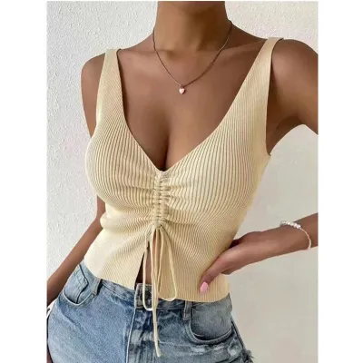 Summer Women Fashion Sexy Solid Color Deep V Drawstring Camisole Tank Top