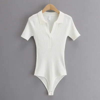 Summer Women Polo Collar Stretch Slim Solid Color Knit Bodysuit