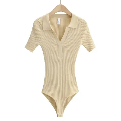 Summer Women Polo Collar Stretch Slim Solid Color Knit Bodysuit