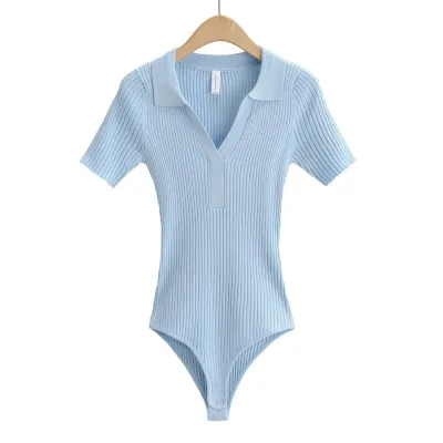Summer Women Polo Collar Stretch Slim Solid Color Knit Bodysuit