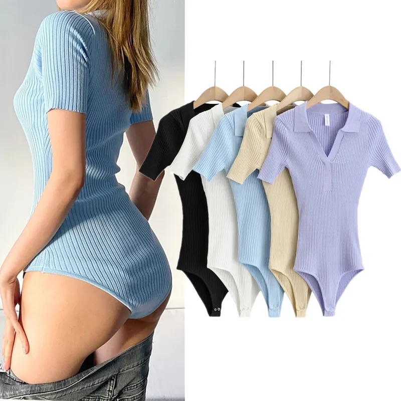 Summer Women Polo Collar Stretch Slim Solid Color Knit Bodysuit
